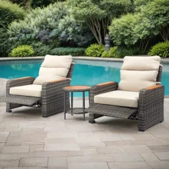 Teamson Wicker Frame & Wood Armrests Recliner Set in Gray Outdoor Seating