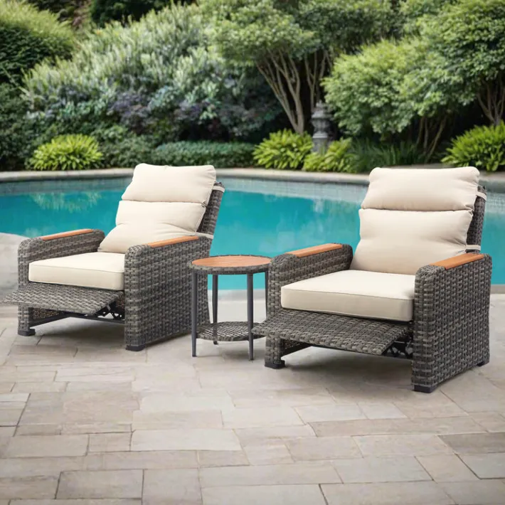 Teamson Wicker Frame & Wood Armrests Recliner Set in Gray Outdoor Seating
