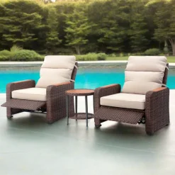 Teamson Wicker Frame & Wood Armrests Recliner Set in Warm Brown Outdoor Seating