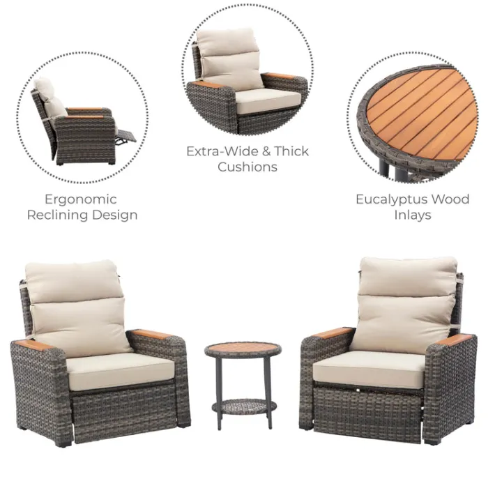Teamson Wicker Frame & Wood Armrests Recliner Set in Gray Outdoor Seating