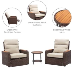 Teamson Wicker Frame & Wood Armrests Recliner Set in Warm Brown Outdoor Seating