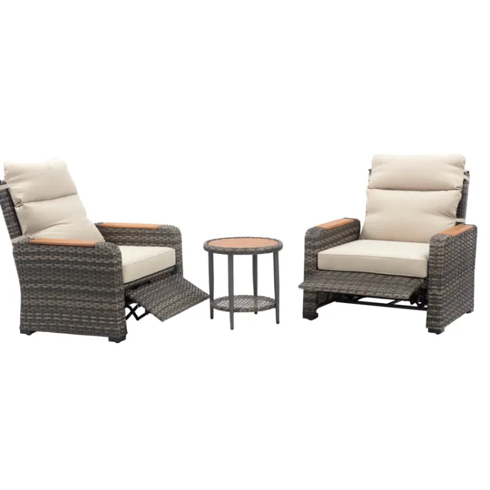 Teamson Wicker Frame & Wood Armrests Recliner Set in Gray Outdoor Seating