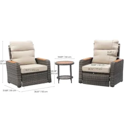 Teamson Wicker Frame & Wood Armrests Recliner Set in Gray Outdoor Seating