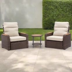 Teamson Wicker Frame & Wood Armrests Recliner Set in Warm Brown Outdoor Seating