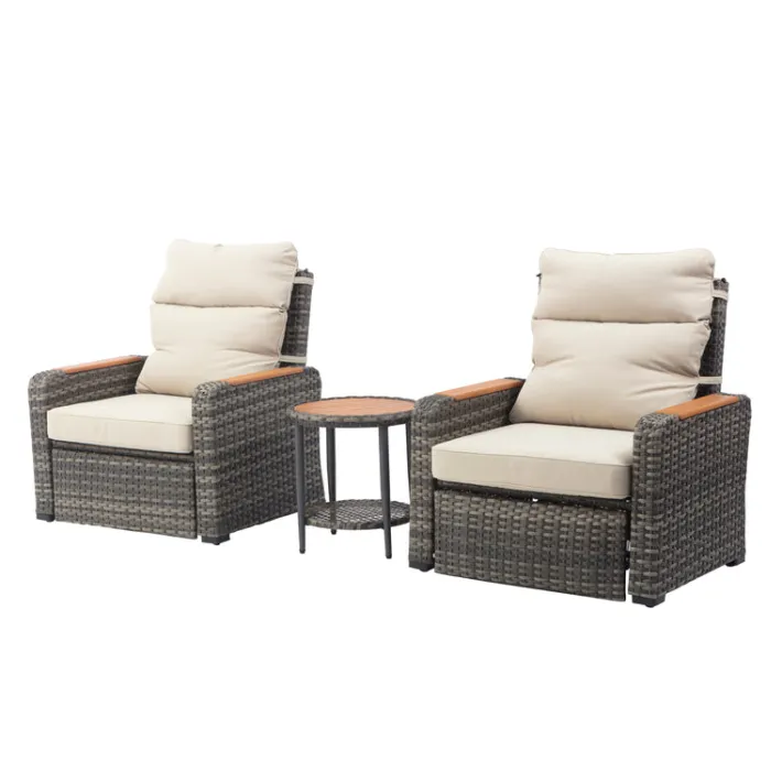 Teamson Wicker Frame & Wood Armrests Recliner Set in Gray Outdoor Seating