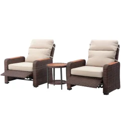 Teamson Wicker Frame & Wood Armrests Recliner Set in Warm Brown Outdoor Seating