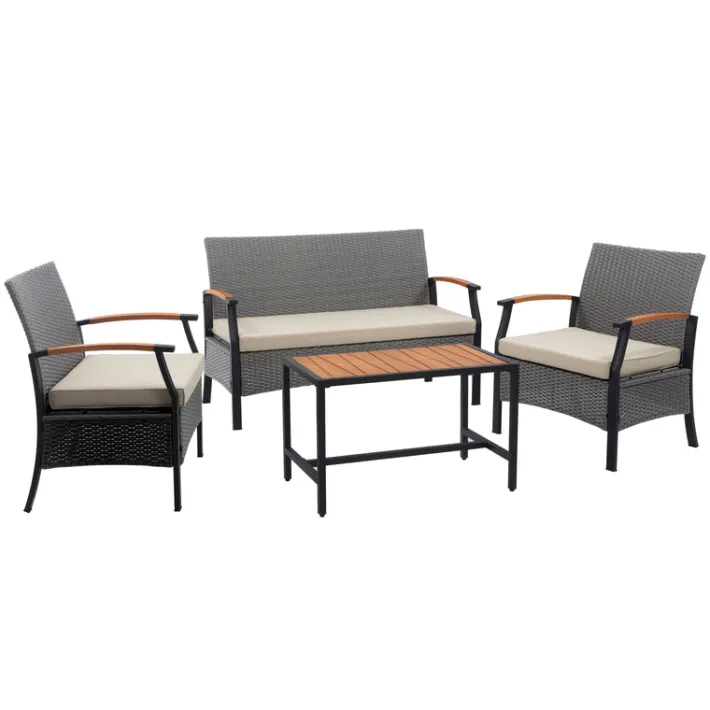 Teamson Wooden Armrests Outdoor Patio Furniture Conversation Set with Rattan Wicker Look
