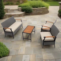 Teamson Wooden Armrests Outdoor Patio Furniture Conversation Set with Rattan Wicker Look