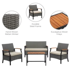 Teamson Wooden Armrests Outdoor Patio Furniture Conversation Set with Rattan Wicker Look